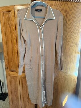 Knit Button-Down Long Cardigan - Taupe with White Trim